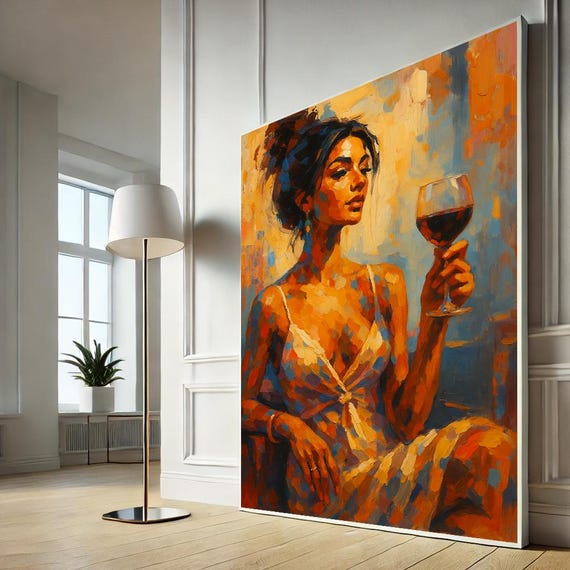 Vibrant Woman With Wine Canvas Art Abstract Impressionist Painting For Living Room Bold Colorful Home Decor