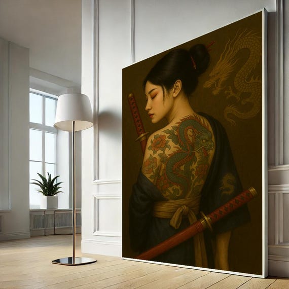 Geisha Woman With Dragon Tattoo Canvas Ethnic Art For Living Room Bold Oriental Decor Gift Majestic Cultural Wall Piece