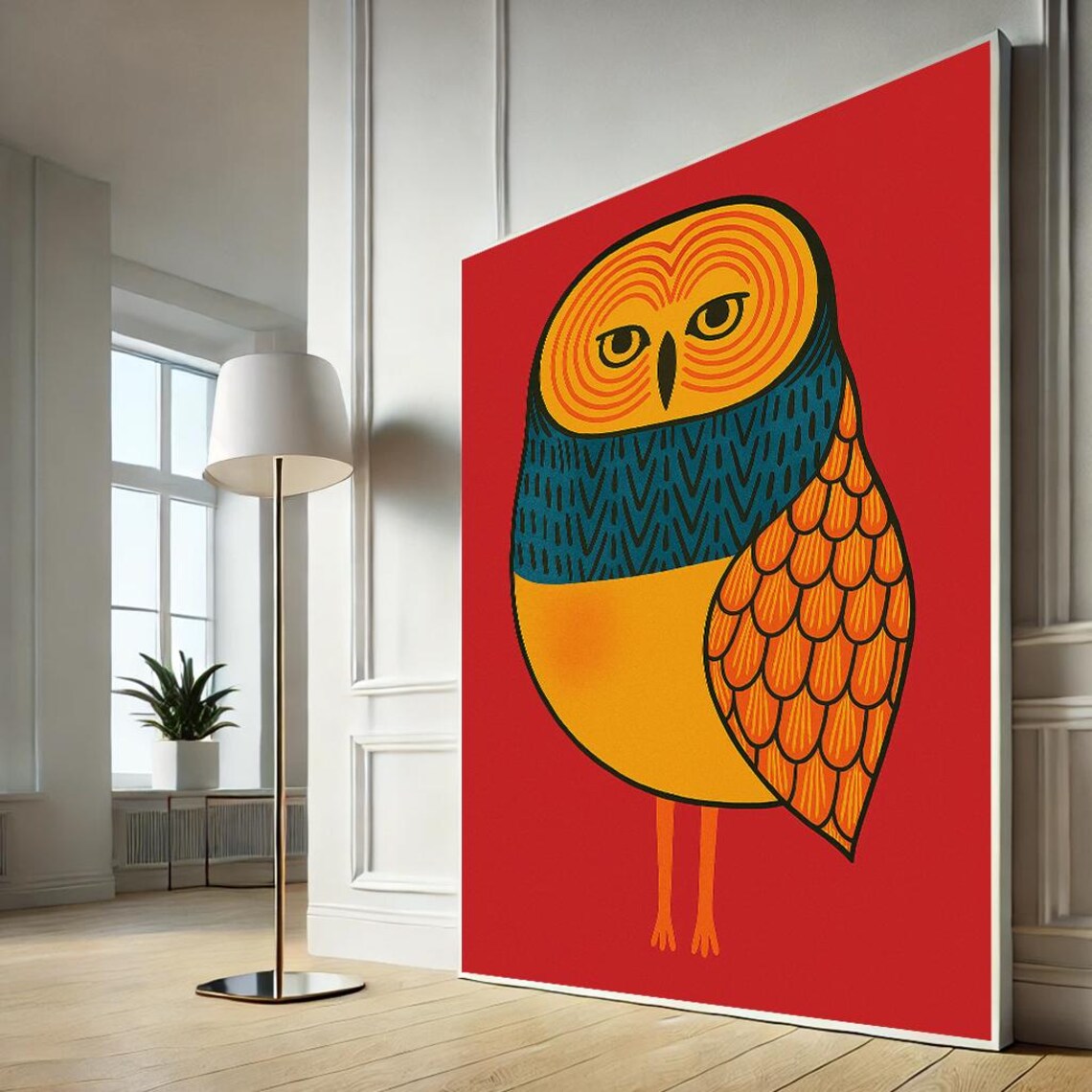 Playful Bold Geometric Owl Red Background Modern Folk Animal Art Poster
