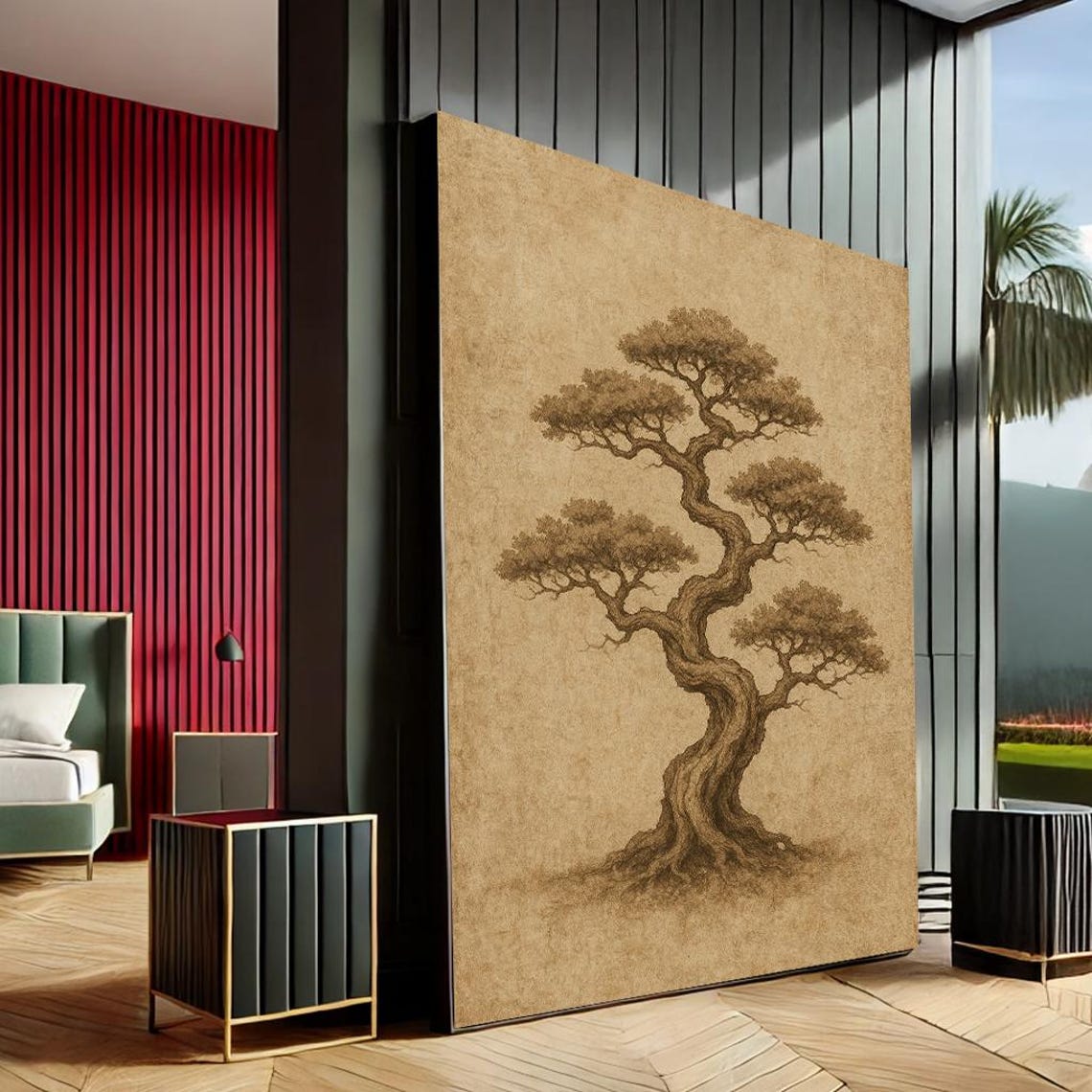 Ancient Bonsai Pine Tree Sepia Vintage Botanical Zen Art Print
