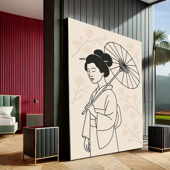 Graceful Geisha Minimalist Line Canvas Wall Art Print Beige Black Living Room Decor Statement Piece