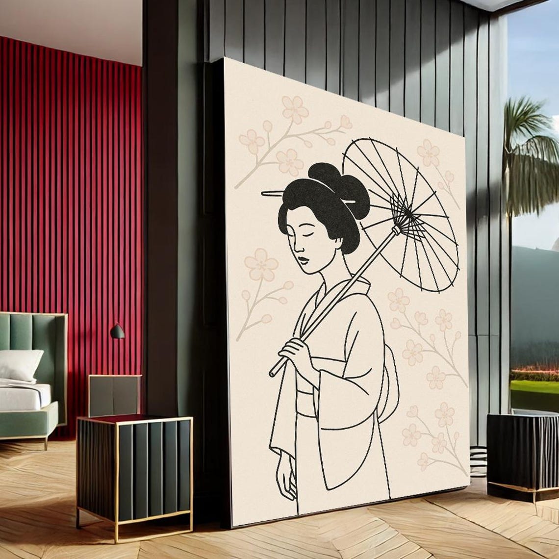 Graceful Geisha Minimalist Line Canvas Wall Art Print Beige Black Living Room Decor Statement Piece