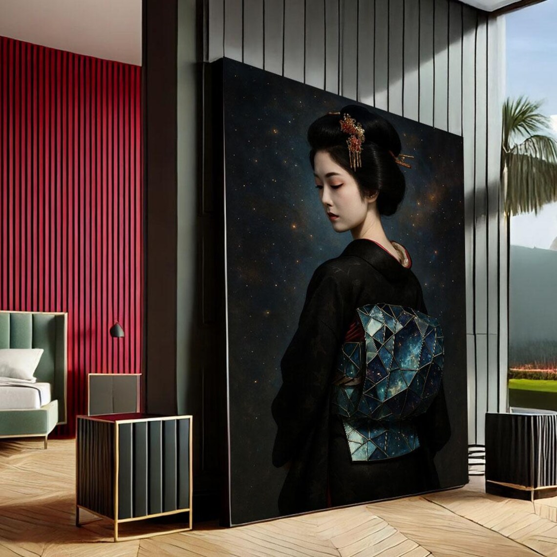 Geisha Starry Night Galaxy Obi Back View Elegant Japanese Wall Art