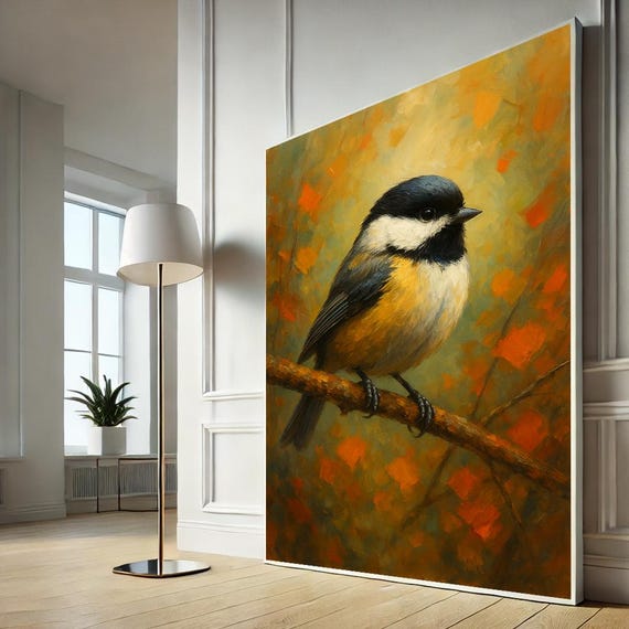 Charming Bird On Branch Canvas Art Vibrant Nature Painting For Living Room Rustic Autumn Home Decor Gift