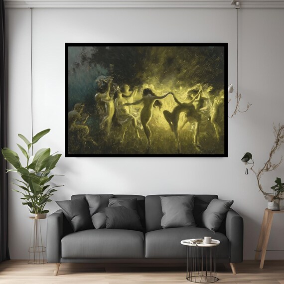 Golden Dancing Nymphs Bonfire Night Expressionist Oil Painting Wall Art