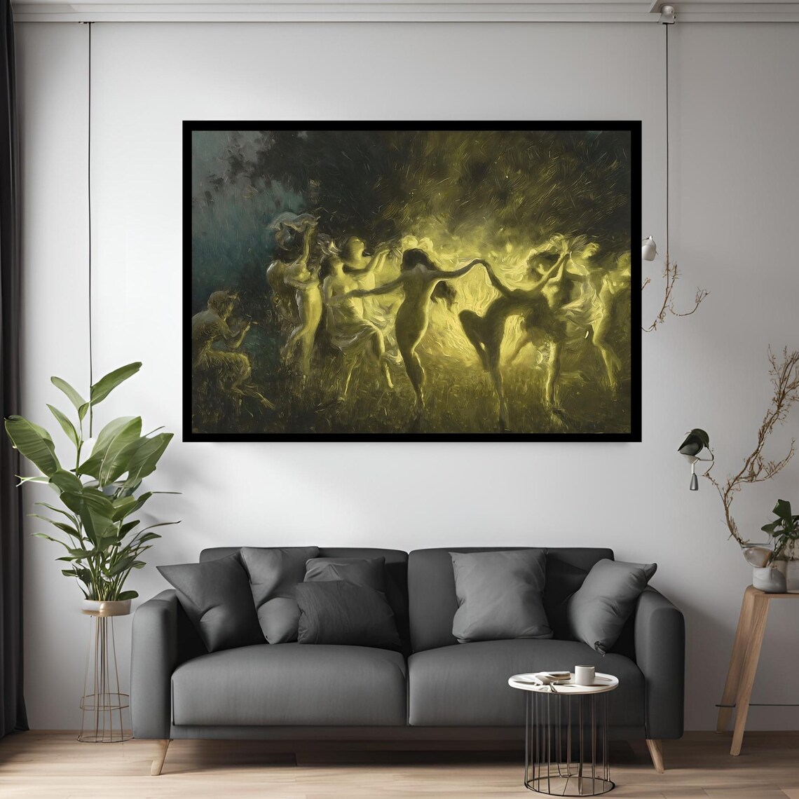 Golden Dancing Nymphs Bonfire Night Expressionist Oil Painting Wall Art