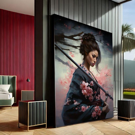 Elegant Japanese Geisha Warrior Canvas Wall Art Print Cherry Blossom Living Room Decor Statement Piece