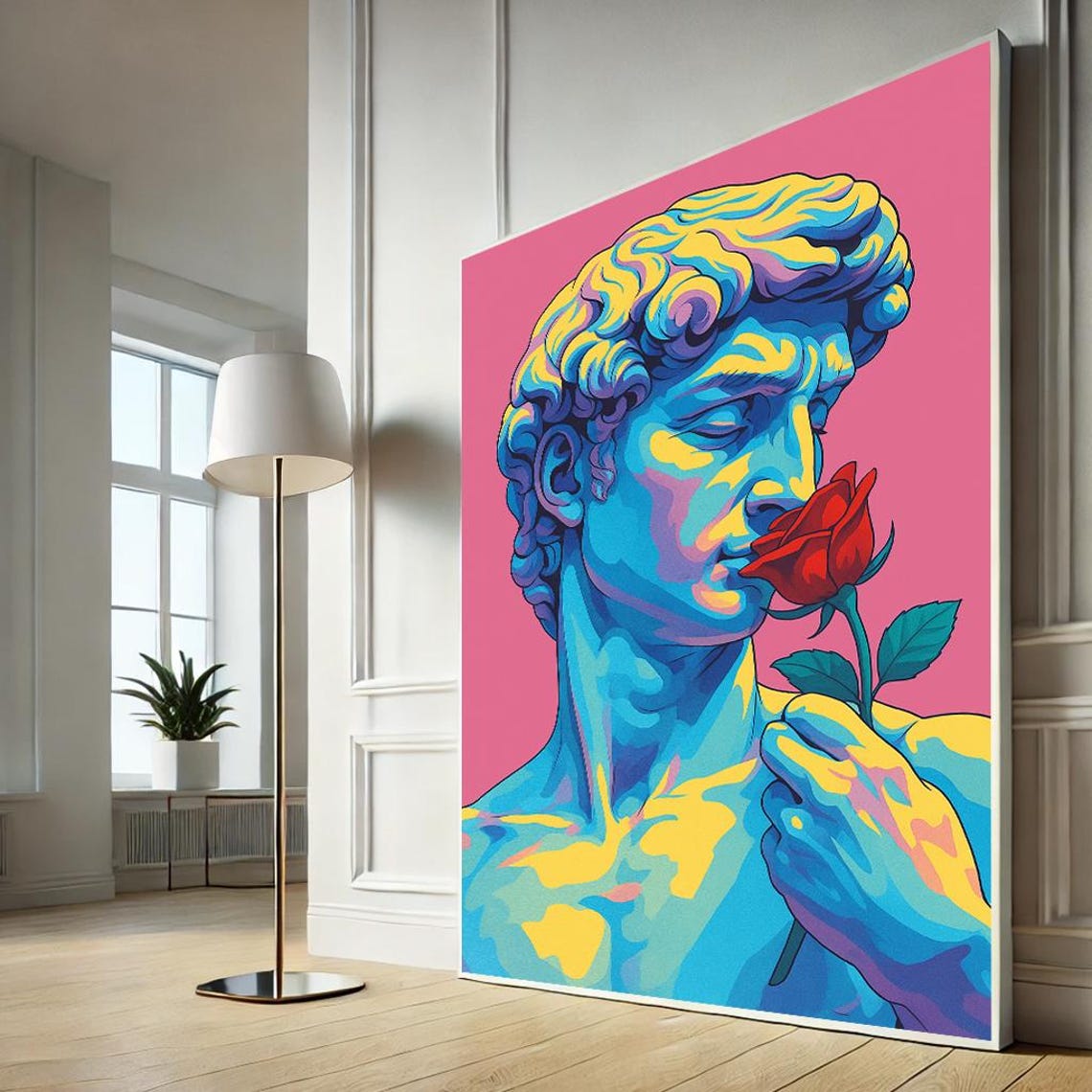 Michelangelo David Statue Pop Art with Red Rose Neon Pink Art Poster