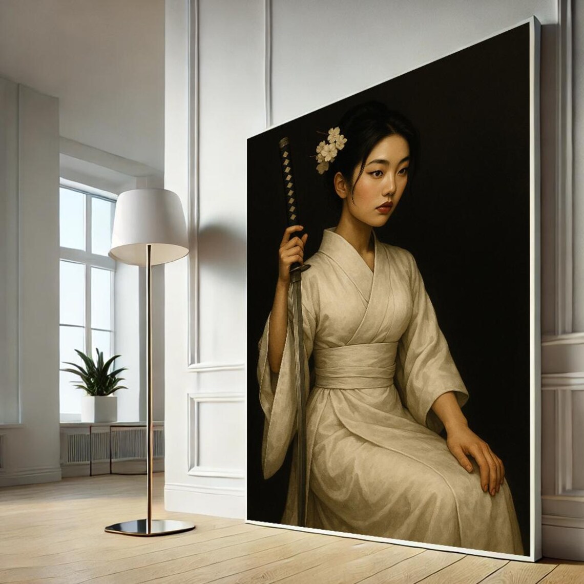 Samurai Woman White Kimono Katana Minimalist Japanese Art Poster