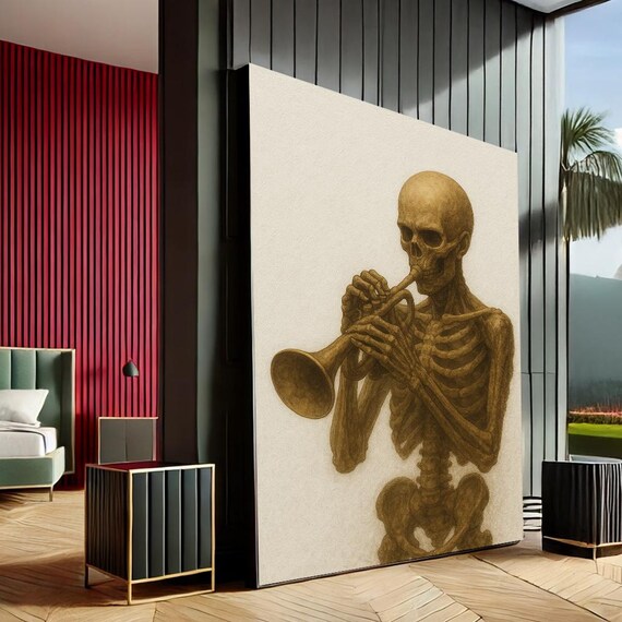 Mystical Skeleton Playing Trumpet Modern Canvas Wall Art Print Gold Beige Living Room Decor Statement Piece