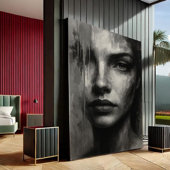 Moody Woman Modern Abstract Canvas Wall Art Print Black Grey Living Room Decor Statement Piece