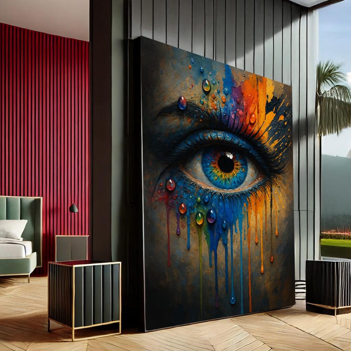 Vibrant Rainbow Eye Abstract Dripping Paint Portrait Wall Art
