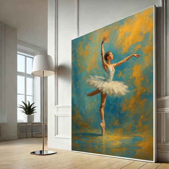White Ballerina Canvas Print Elegant Ballet Dancer Art Blue Gold Oil Style Wall Decor Graceful Dance Poster Ready Hang