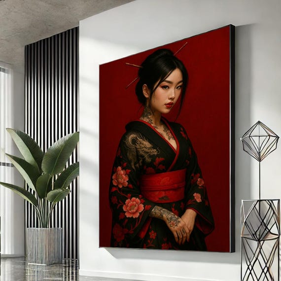 Sophisticated Ethnic Woman Art Canvas Elegant Red And Black Portrait For Living Room Decor Bold Oriental Home Accent