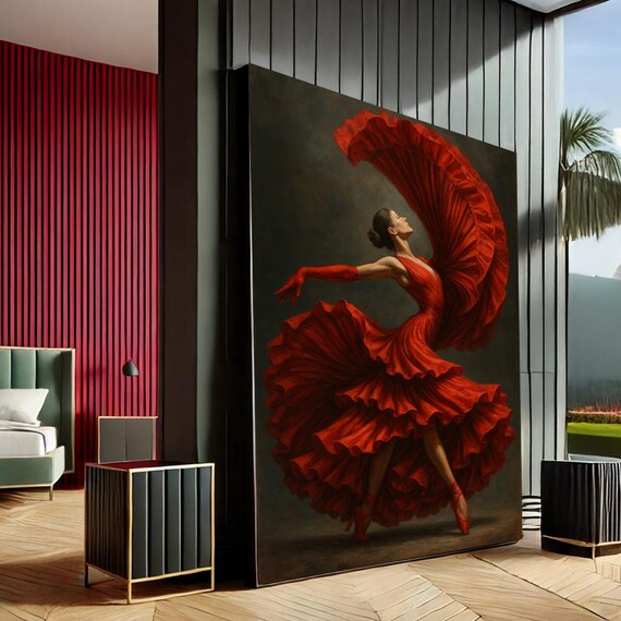 Flamenco Dancer Flowing Red Dress Dramatic Dark Painting Poster