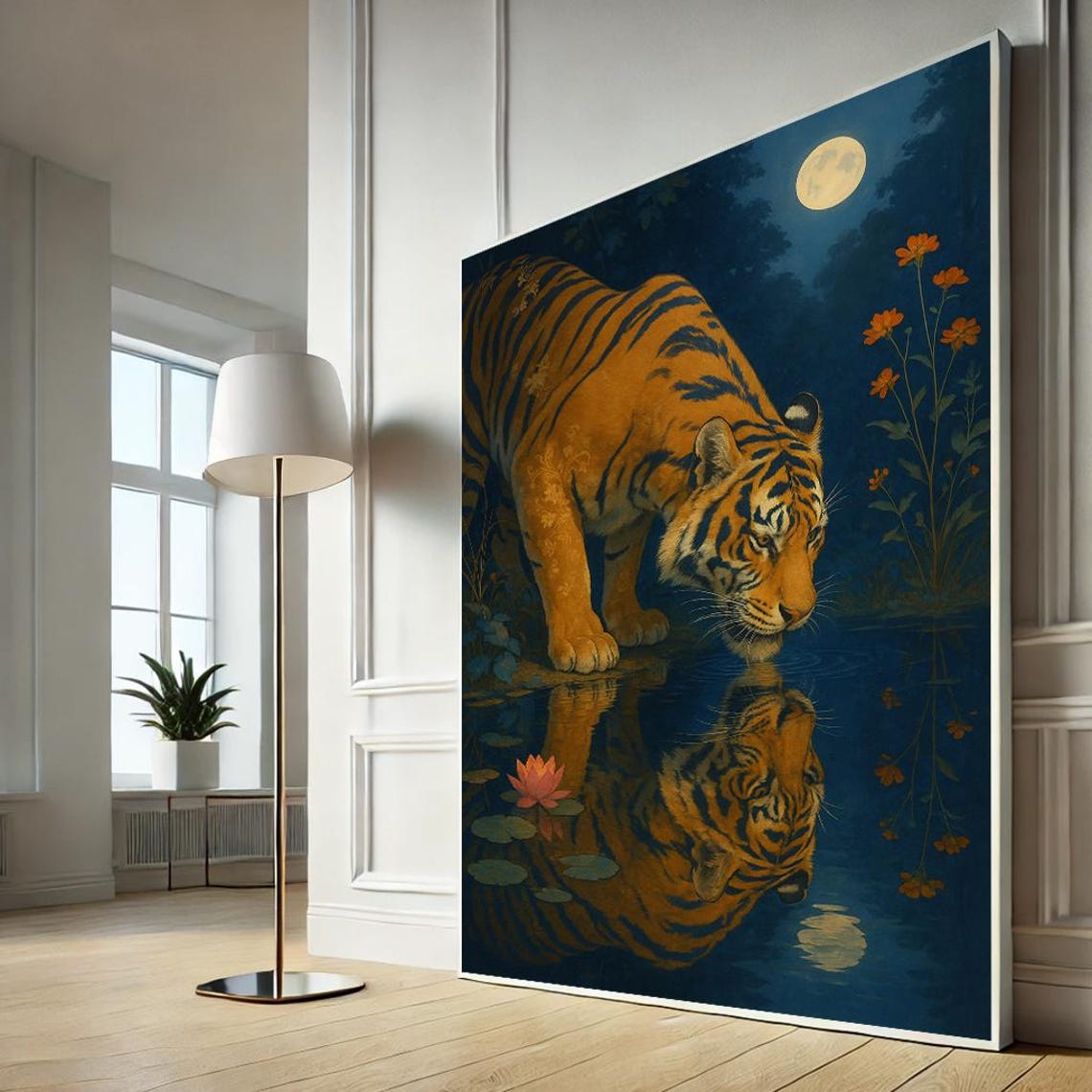 Tiger Moonlight Reflection Night Jungle Majestic Wildlife Canvas Print