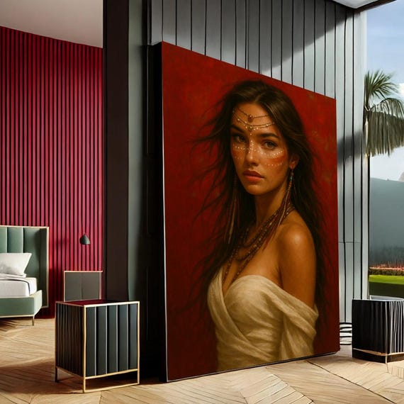 Mystical Woman Portrait Modern Canvas Wall Art Print Red Gold Bedroom Decor Statement Piece
