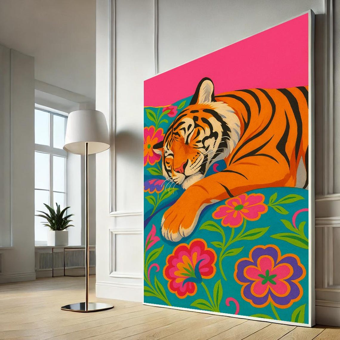 Sleeping Tiger Floral Cushion Vibrant Pop Art Wildlife Canvas Print