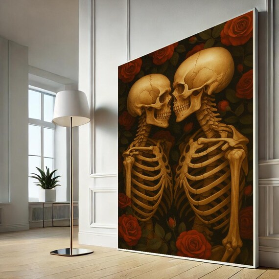 Romantic Skeleton Couple Canvas Art Whimsical Gothic Love Painting For Bedroom Decor Unique Gift Dark Lovers