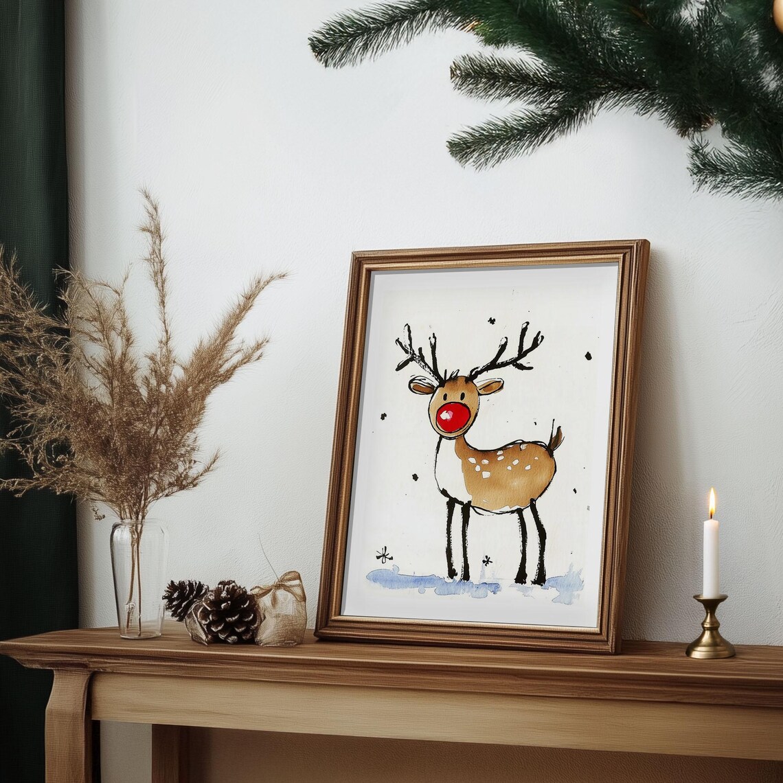 Cute Red Nose Reindeer Ink Watercolor Whimsical Christmas Poster - Image 2