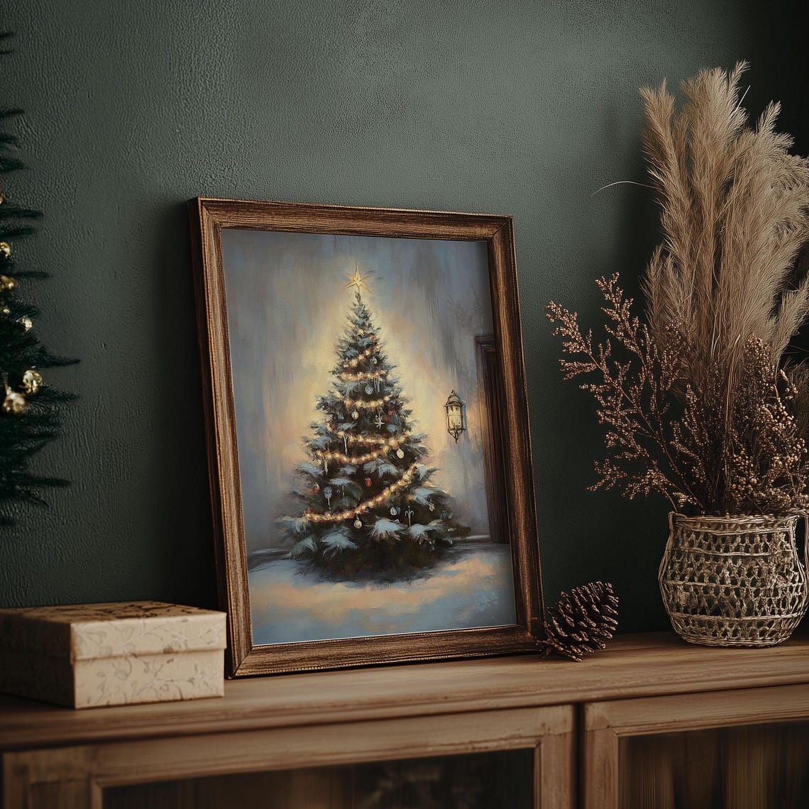 Lit Christmas Tree With Garland Lights Indoors Vintage Oil Poster - Image 7