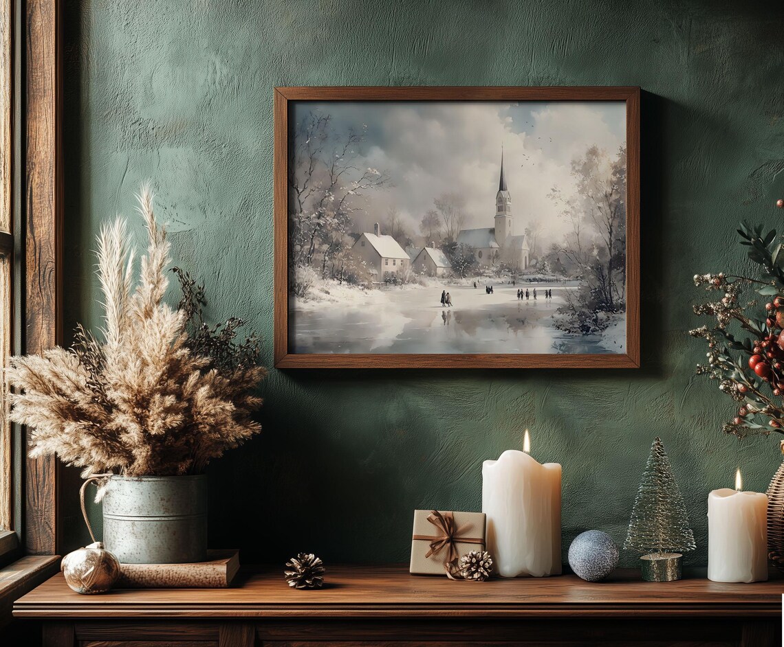 Winter Church Skaters Pond Watercolor Village Snowy Scene Poster - Image 4