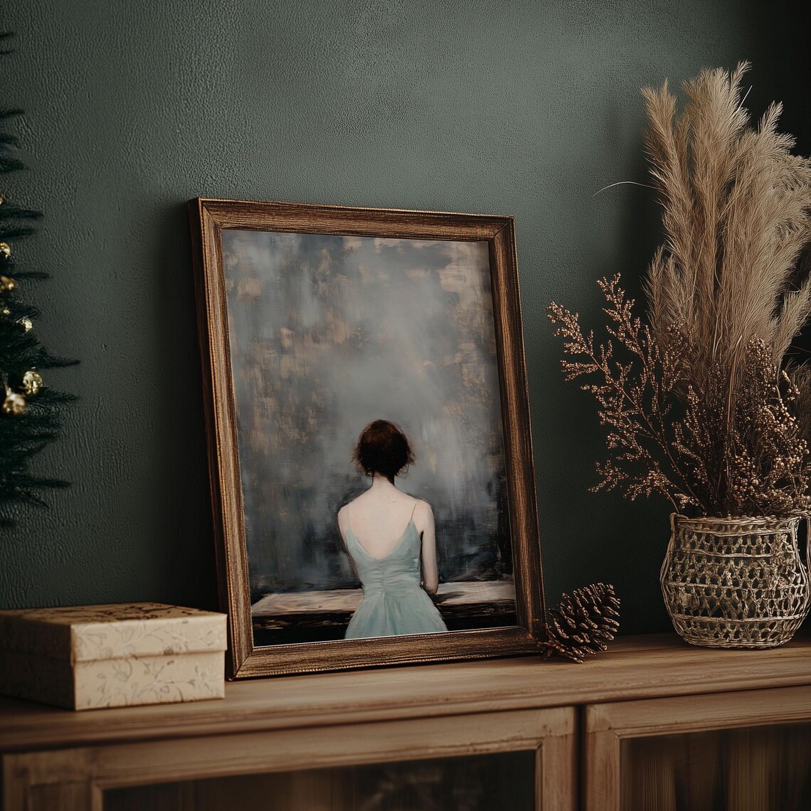 Woman in Blue Dress from Behind Moody Vintage Interior Wall Art - Image 6