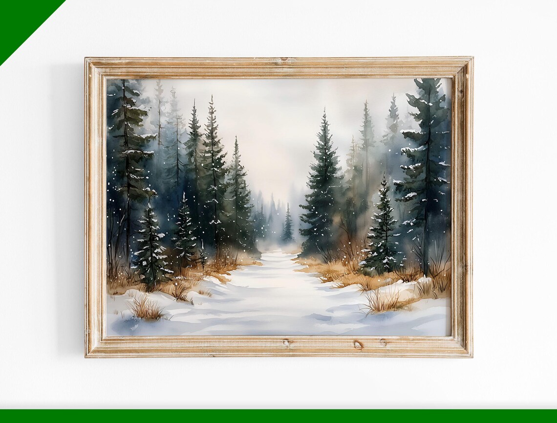 Snowy Pine Forest Path Through Woods Watercolor Winter Landscape Poster