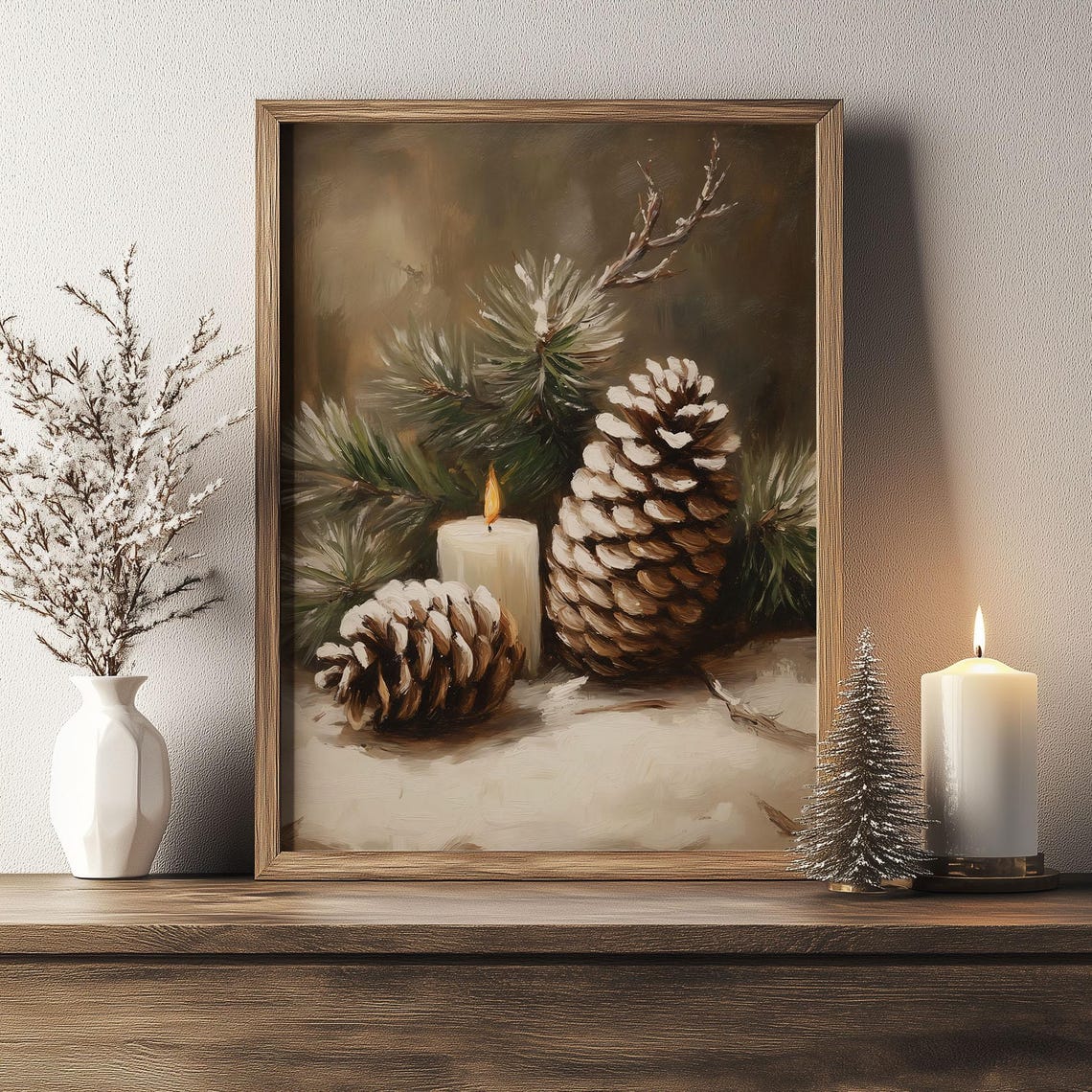 Pine Cones and Lit Candle Still Life Rustic Winter Decor Poster - Image 3
