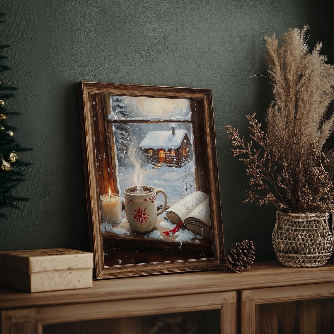 Cozy Cocoa Mug by Frosty Window Snowy Cabin View Winter Wall Art - Image 3