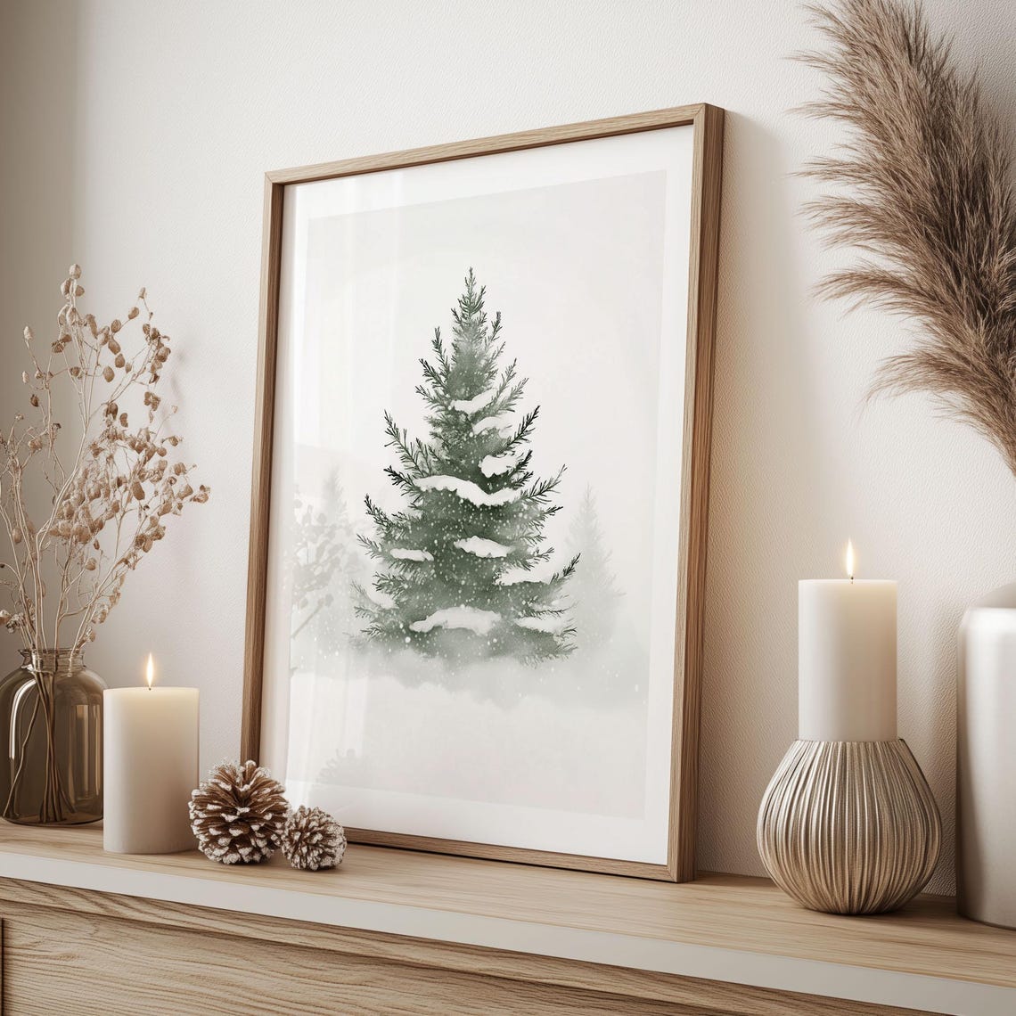 Minimalist Snowy Evergreen Tree Winter Watercolor Holiday Poster - Image 3
