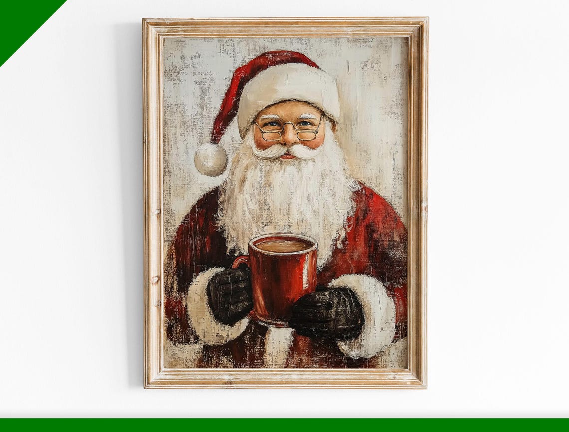 Santa Claus Holding Red Cocoa Mug Glasses Rustic Portrait Poster