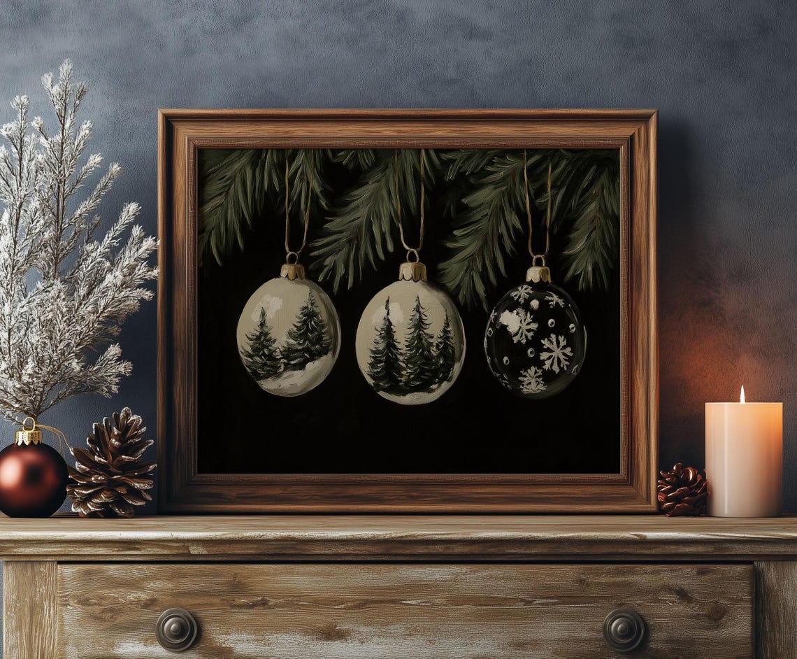 Hand Painted Baubles with Trees and Snowflakes on Black Poster - Image 4