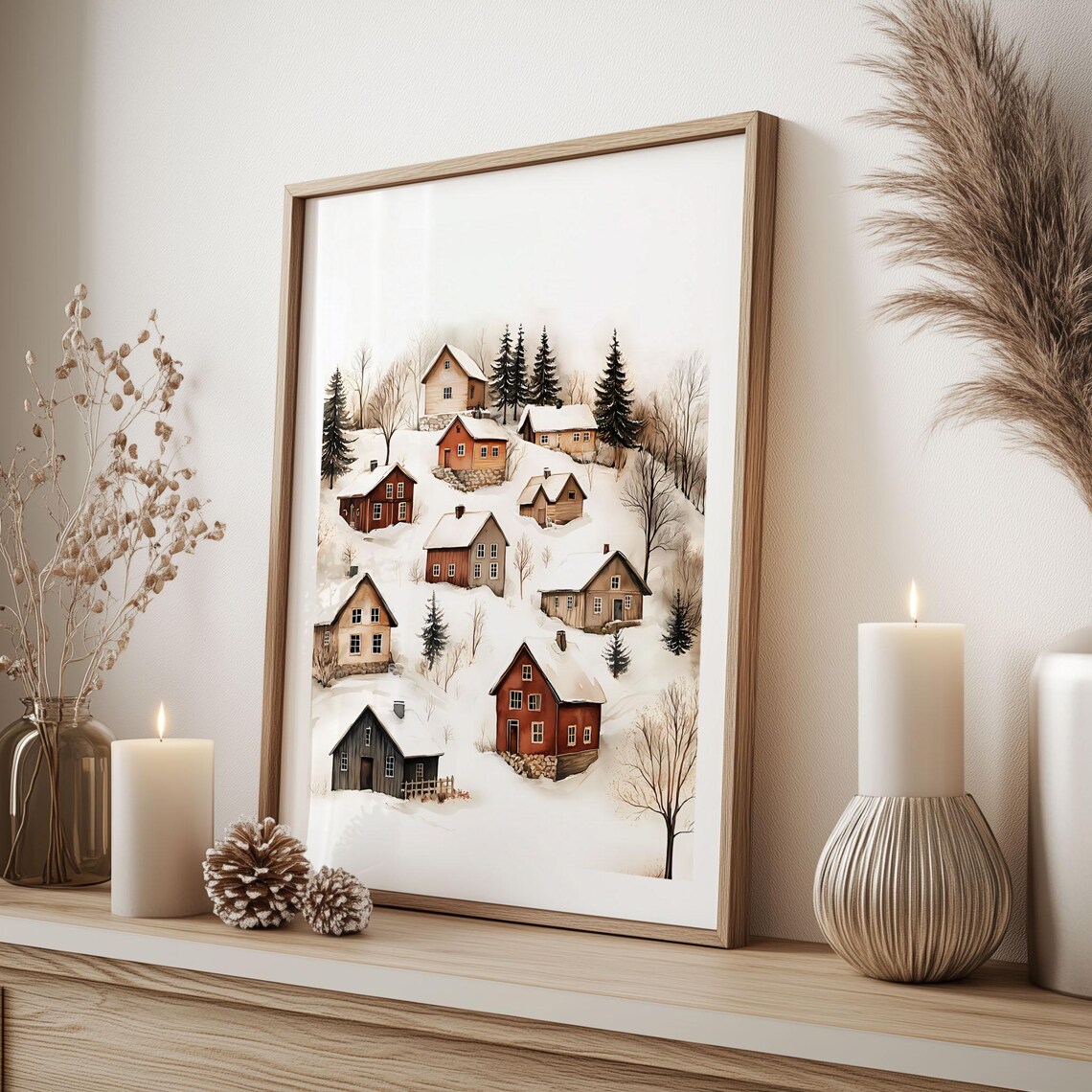 Snowy Nordic Village Hillside Cabins Watercolor Christmas Poster - Image 3