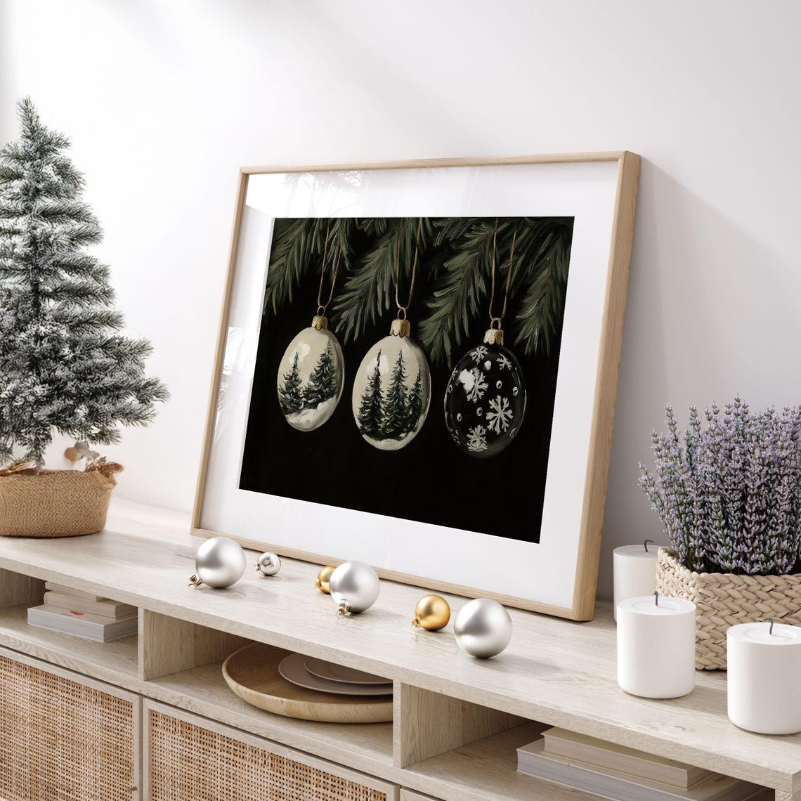 Hand Painted Baubles with Trees and Snowflakes on Black Poster - Image 6