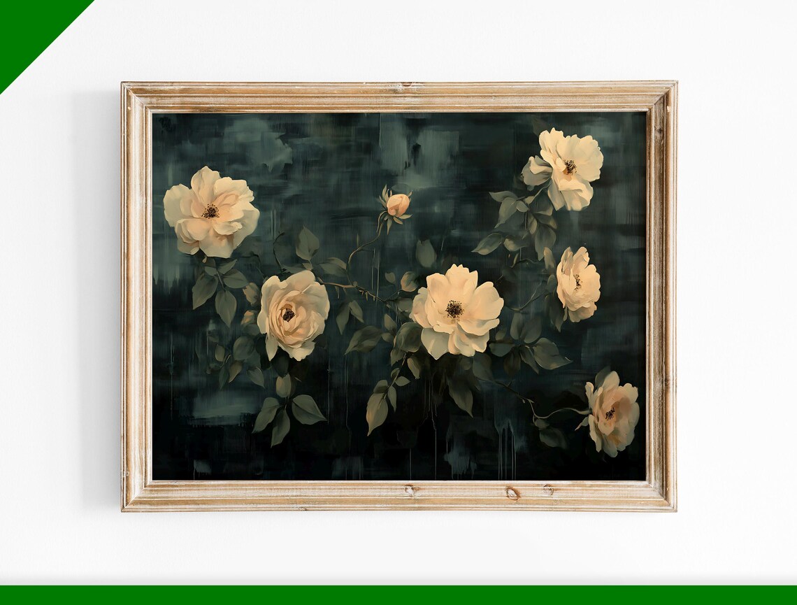 Cream Roses on Dark Background Moody Vintage Floral Oil Poster