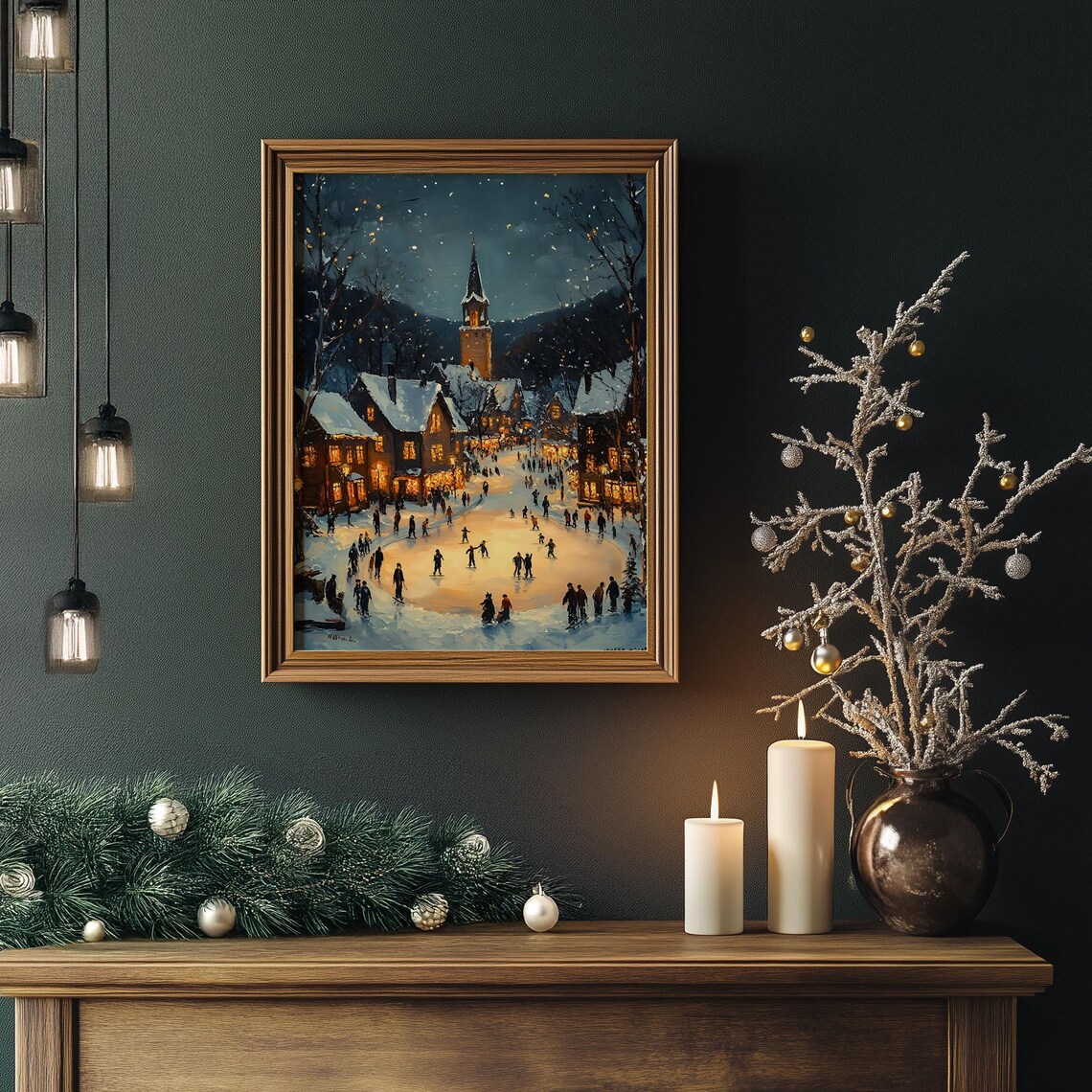Village Ice Rink Night Church Tower Snowy Town Oil Painting Poster - Image 2