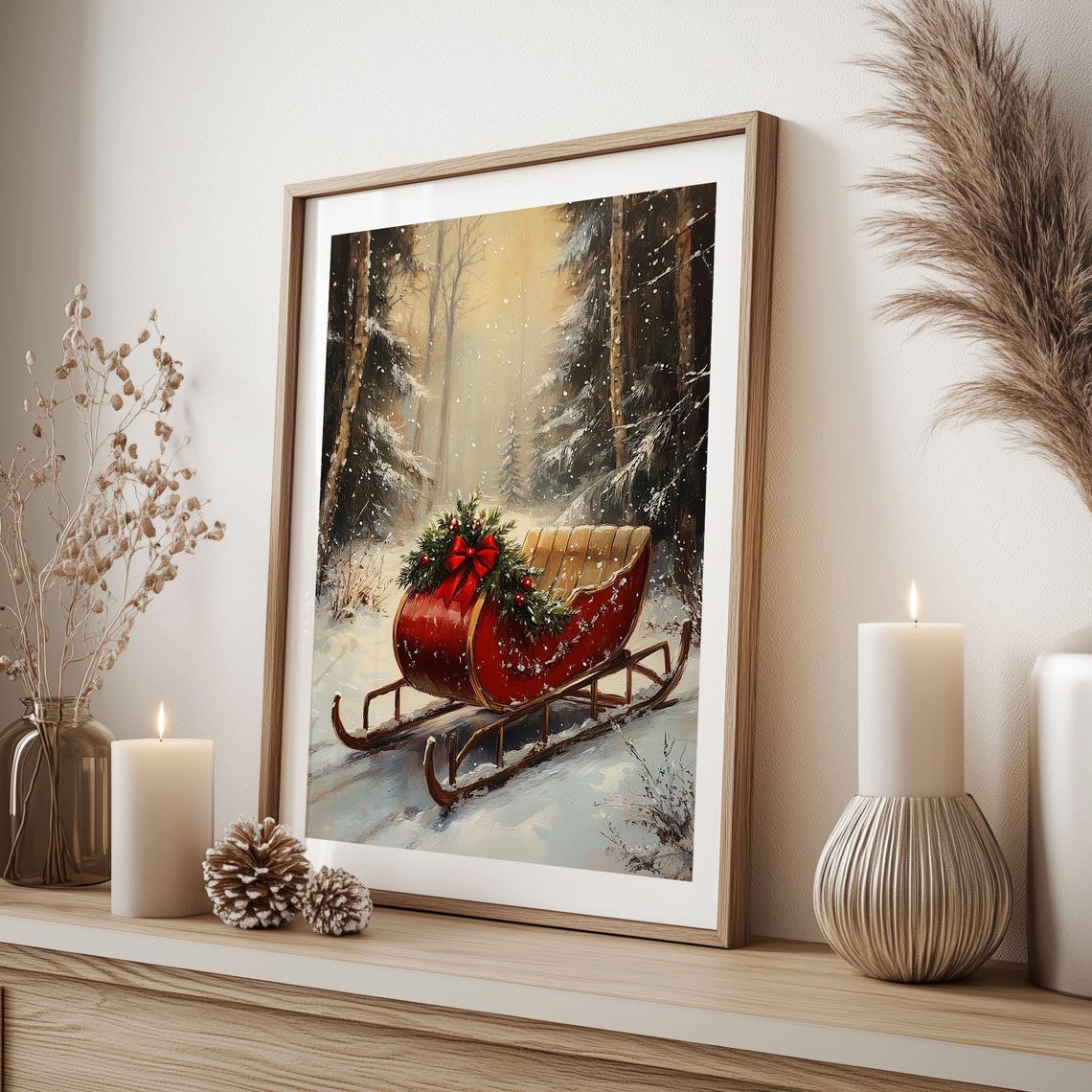 Red Christmas Sleigh in Snowy Forest Vintage Winter Scene Poster - Image 3