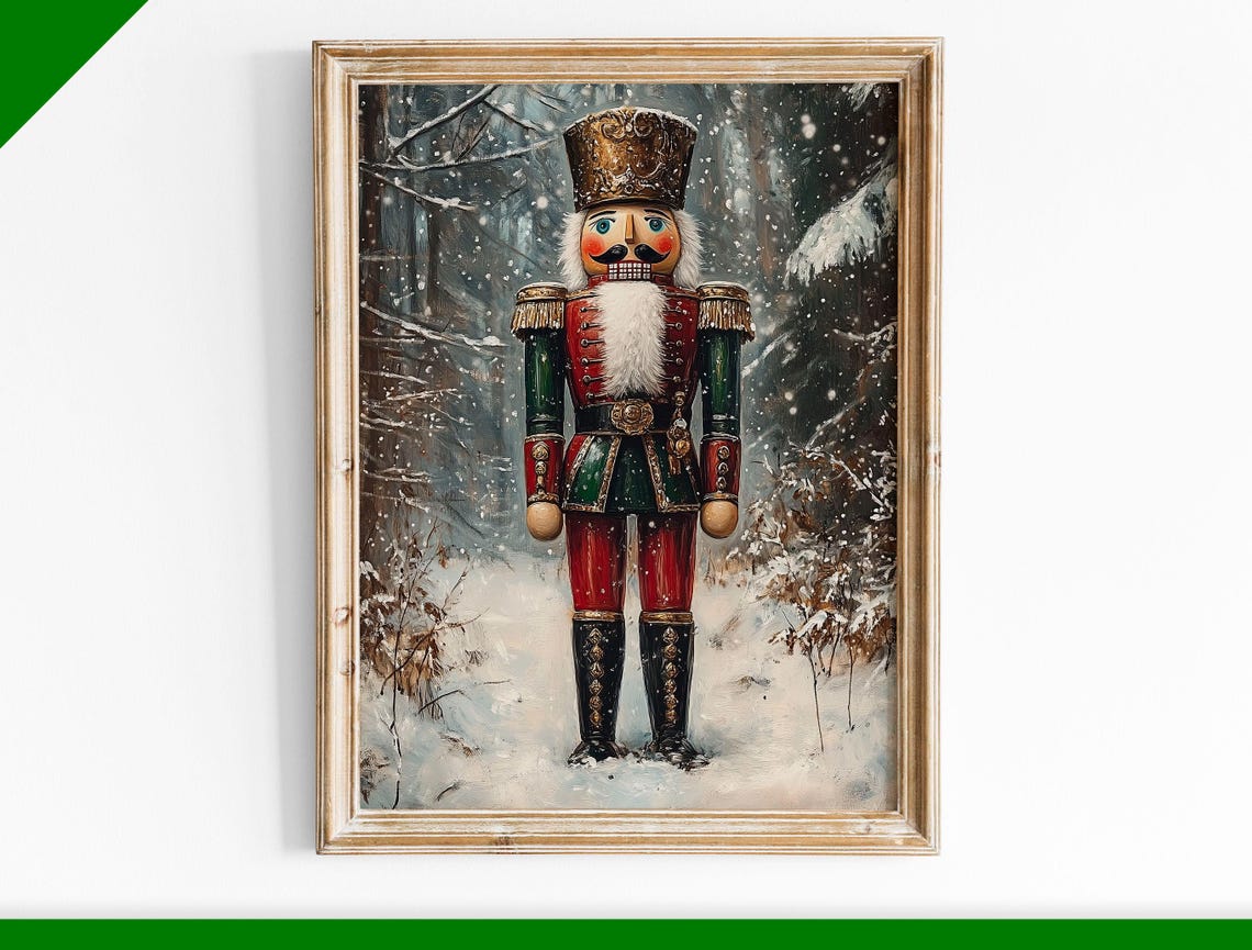 Tall Nutcracker Soldier Standing in Snowy Forest Christmas Poster