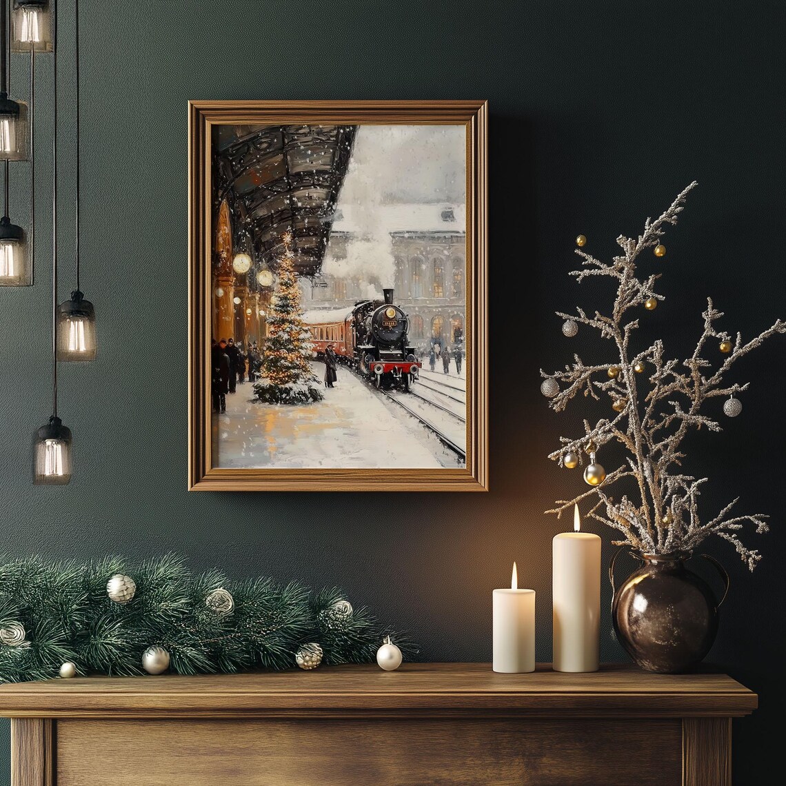 Vintage Steam Train at Snowy Christmas Station Oil Painting Poster - Image 4