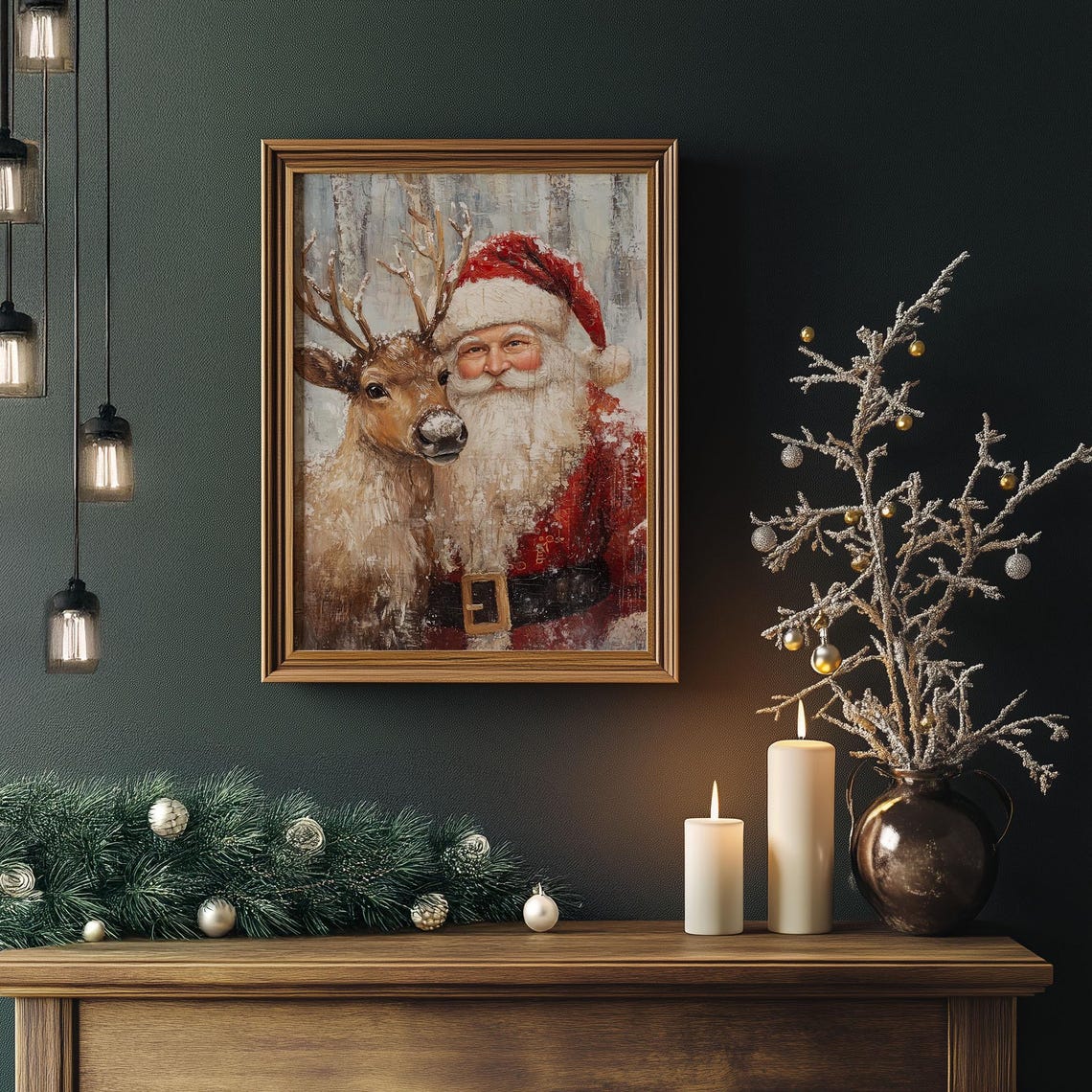 Santa Claus with Reindeer Snow Dusted Portrait Christmas Scene Poster - Image 5