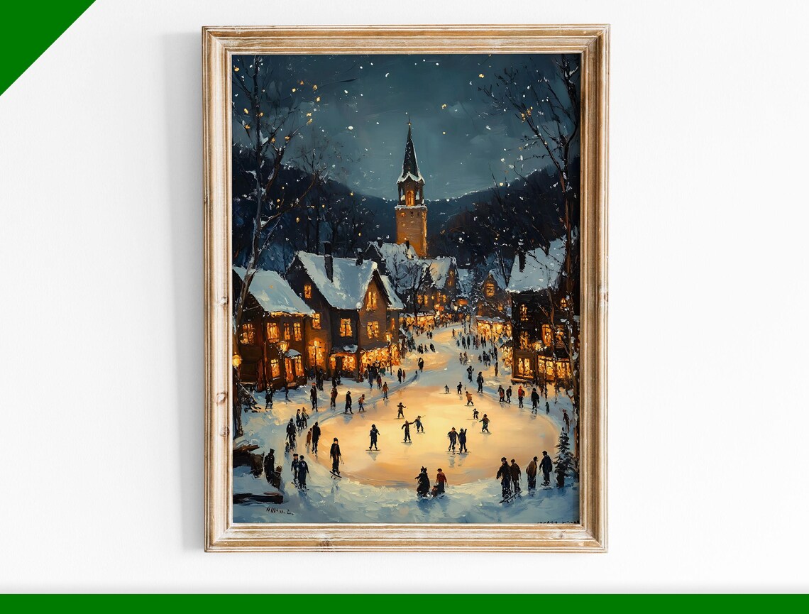 Village Ice Rink Night Church Tower Snowy Town Oil Painting Poster