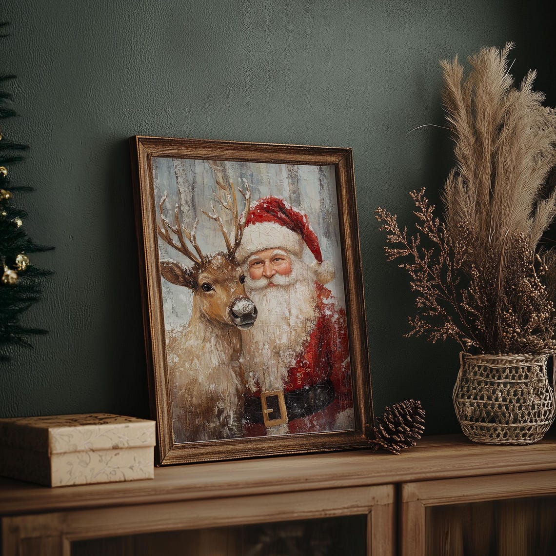Santa Claus with Reindeer Snow Dusted Portrait Christmas Scene Poster - Image 7