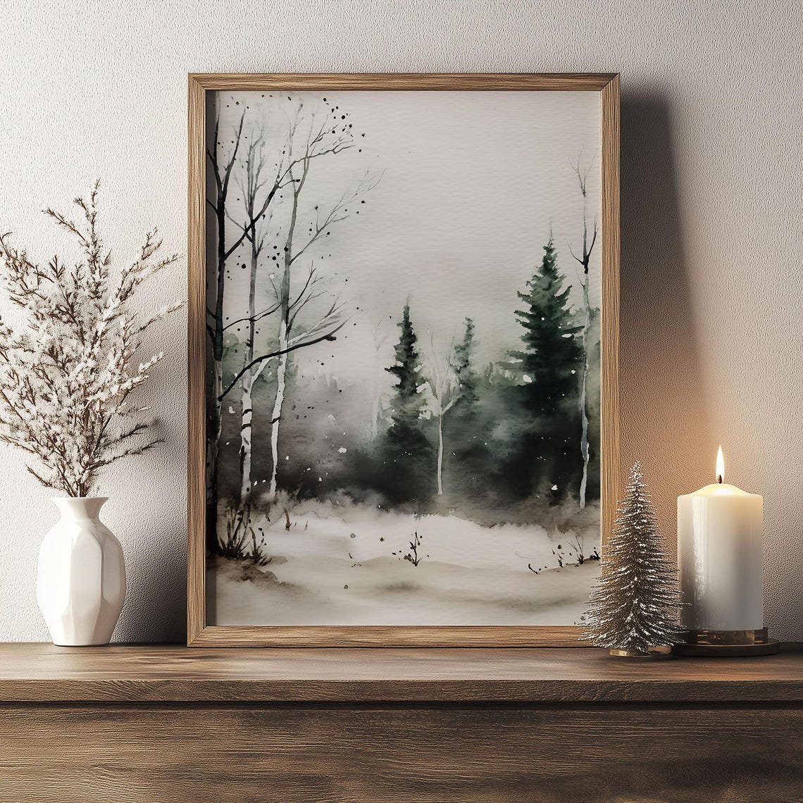 Birch and Pine Trees Misty Snowy Winter Watercolor Forest Poster - Image 3