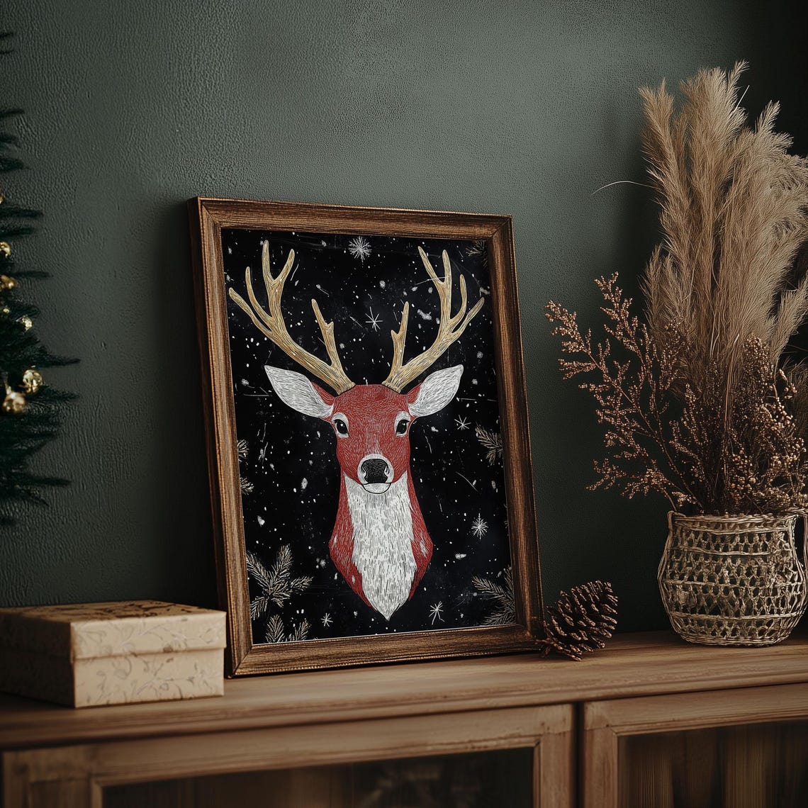 Red Reindeer with White Antlers Chalk Style on Black Christmas Poster - Image 7