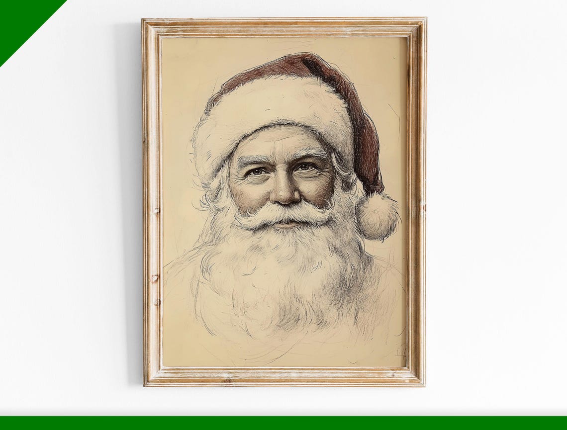 Santa Claus Vintage Pencil Sketch Portrait Christmas Wall Art