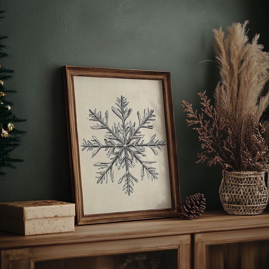 Delicate Pencil Snowflake Sketch Vintage Botanical Winter Wall Art - Image 7