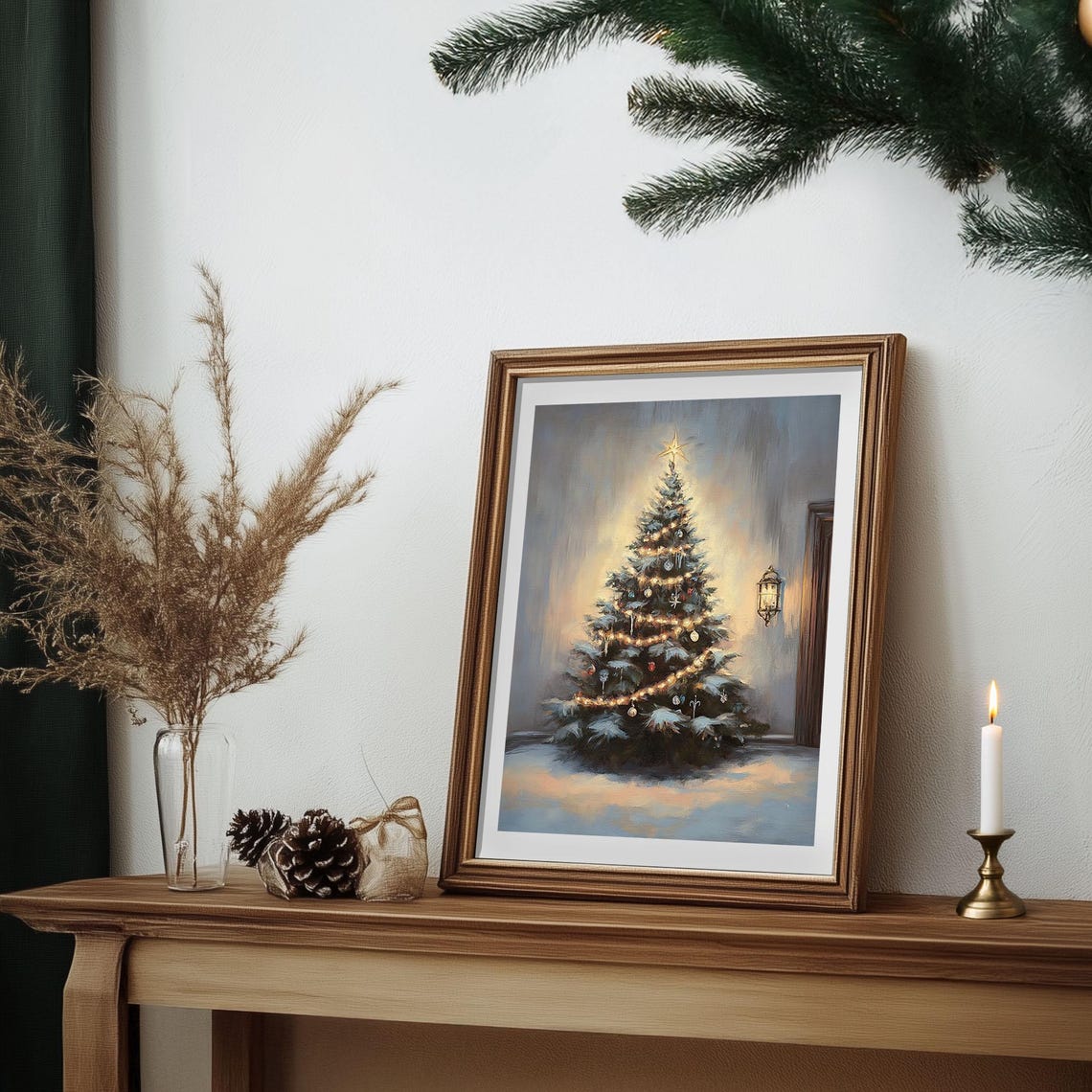 Lit Christmas Tree With Garland Lights Indoors Vintage Oil Poster - Image 2