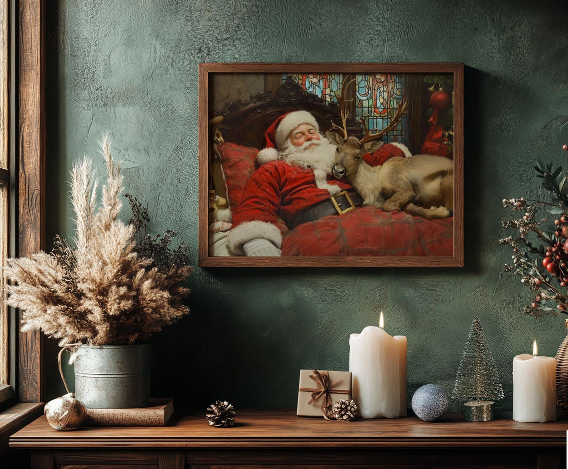 Sleeping Santa with Reindeer Stained Glass Cozy Christmas Poster - Image 7