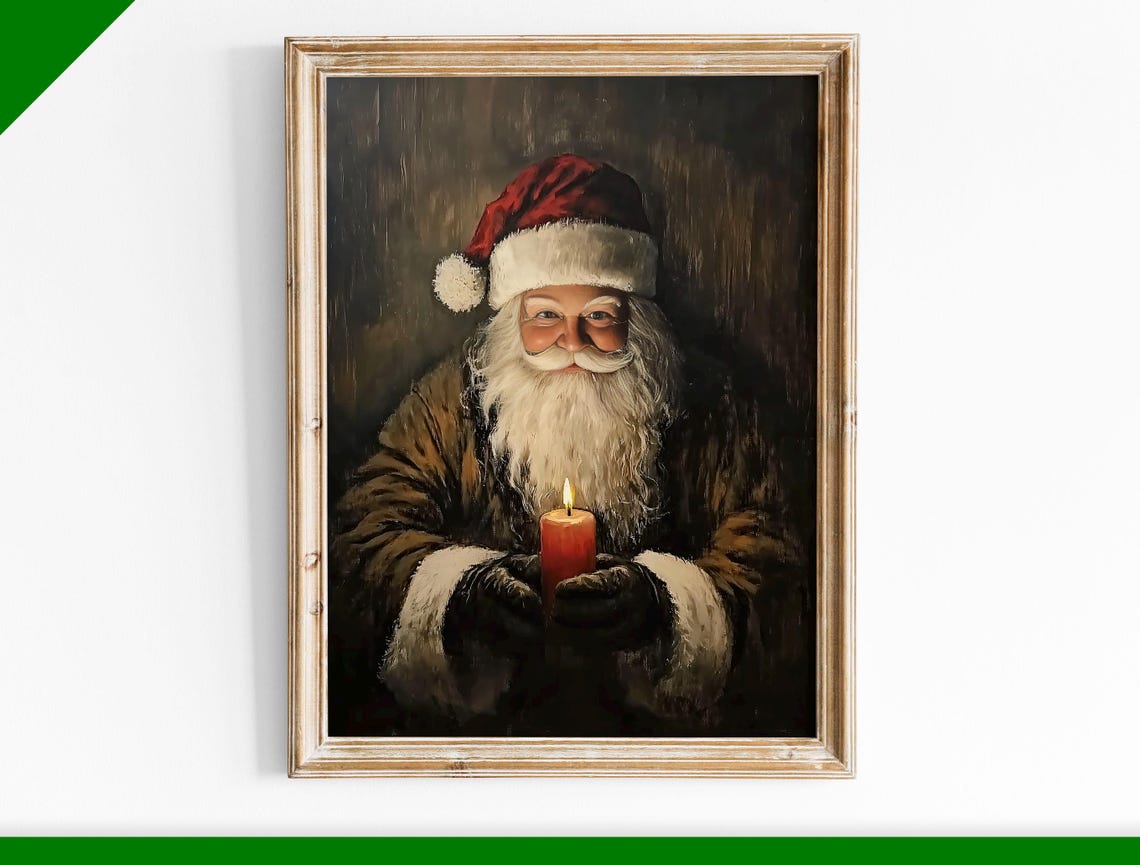 Santa Claus Holding a Candle Dark Rustic Oil Painting Christmas Poster